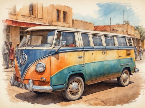 Auf dem Bild ist ein farbenfroher Volkswagen Bus zu sehen, der in orange, blau und grün lackiert ist. Der Bus steht auf einer Straße in einer städtischen Umgebung, umgeben von historischen Gebäuden. Im Hintergrund sind einige Personen sichtbar, die sich unterhalten. Die Szenerie wirkt lebendig und vermittelt ein Gefühl von Nostalgie und Abenteuer.