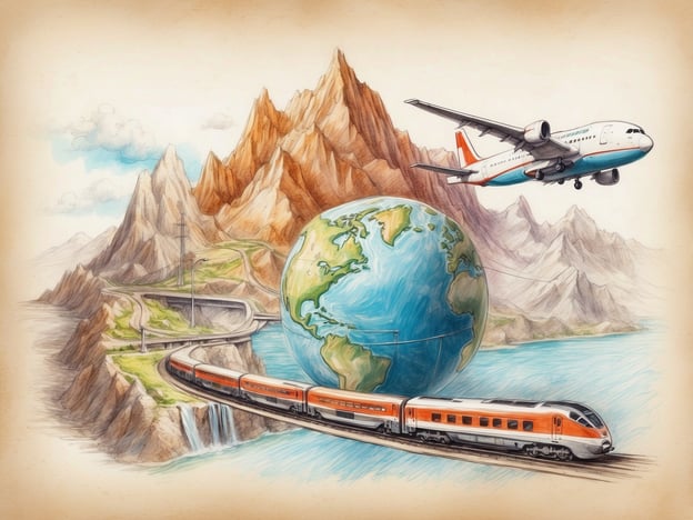 Auf dem Bild sind verschiedene Reisemethoden und Landschaften zu sehen. Eine gebogene Eisenbahnlinie führt durch eine bergige Gegend, während ein Hochgeschwindigkeitszug auf den Schienen fährt. Über der Szenerie fliegt ein Flugzeug, das auf einem internationalen Reiseziel hindeutet. In der Mitte des Bildes befindet sich eine große Erdkugel, die symbolisch für die Verbindung zwischen verschiedenen Reisezielen steht.
Man könnte hier Reisestationen wie die Alpen in Europa für den Zug und vielleicht ein tropisches Reiseziel für das Flugzeug annehmen. Die Kombination aus Zug- und Flugreisen zeigt die Vielfalt der Möglichkeiten, die die Welt für Reisende bietet.