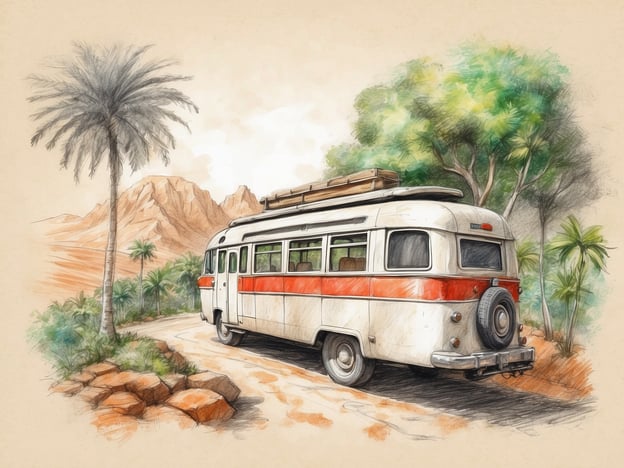 Auf dem Bild sieht man einen alten Wohnbus, der in einer naturnahen Umgebung geparkt ist. Die Landschaft zeigt Palmen und Berge, was auf ein Abenteuer in der Natur hindeutet. Dieses Bild kann symbolisch für Nachhaltigkeit und Umweltschutz stehen. Der Wohnbus könnte als umweltfreundliche Reisemöglichkeit interpretiert werden, die es den Menschen ermöglicht, die Natur zu erkunden, ohne sie zu schädigen.Darüber hinaus lenkt die Darstellung der Natur die Aufmerksamkeit auf den Schutz und Erhalt von Landschaften und Biodiversität. Die Kombination aus Reisen und Naturschutz erinnert uns daran, wie wichtig es ist, verantwortungsbewusst mit unserer Umwelt umzugehen, während wir neue Orte entdecken.