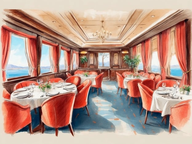 Auf dem Bild ist ein elegant gestaltetes Restaurant zu sehen, das wahrscheinlich auf einem Schiff befindet. Die Tische sind liebevoll gedeckt mit weißen Tischtüchern und stilvollen Geschirr, und die roten Stühle verleihen dem Raum eine warme Atmosphäre.An Bord könnten folgende Angebote und Aktivitäten stattfinden:1. **Gourmet-Dinner**: Gäste können ein feines Essen mit Meerblick genießen, das von Küchenchefs zubereitet wird.2. **Weinverkostung**: Exklusive Weinpaare werden angeboten, um die kulinarischen Erlebnisse zu bereichern.3. **Themenabende**: Besondere Themenabende, wie italienische oder asiatische Küche, könnten veranstaltet werden.4. **Live-Musik**: Häufig gibt es abendliche Live-Unterhaltung, die das Dinner-Erlebnis untermalt.5. **Kochkurse**: Gäste könnten die Möglichkeit haben, an Kochkursen teilzunehmen, um selbst einige der Gerichte zuzubereiten.Solche Aktivitäten sorgen dafür, dass der Aufenthalt an Bord unvergesslich wird.