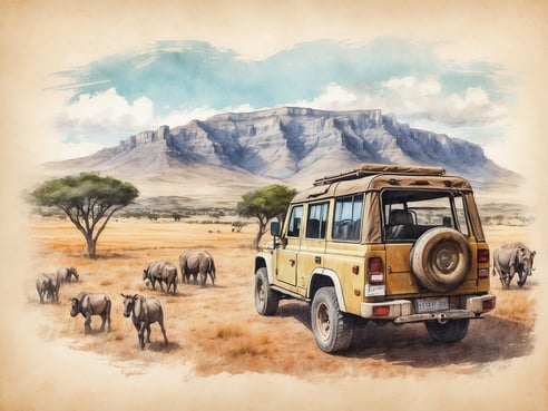 Ein Geländewagen steht in einer weiten Savanne in Südafrika, umgeben von einer Gruppe von Nashörnern, die im Gras grasen. Im Hintergrund erhebt sich majestätisch ein Gebirgsmassiv unter einem klaren blauen Himmel mit einigen Wolken. Diese Szenerie vermittelt den Eindruck einer Safari, die Besucher anzieht, um die Tierwelt und die beeindruckende Landschaft zu erkunden.