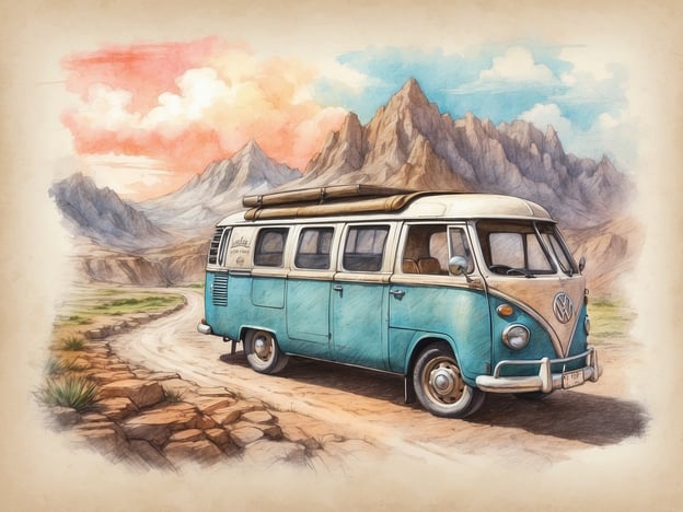 Auf dem Bild ist ein klassischer VW-Bus zu sehen, der auf einer kurvenreichen Straße in einer reizvollen Gebirgslandschaft steht. Die Umgebung ist geprägt von majestätischen Bergen und einem farbenfrohen Himmel, der die Atmosphäre eines Abenteuers vermittelt.Für spannende Reiserouten könnten Sie beispielsweise die Route 66 in den USA in Betracht ziehen, die von Chicago nach Santa Monica führt und zahlreiche spannende Stopps wie historische Stätten und beeindruckende Landschaften bietet. Eine weitere faszinierende Route ist der Nordkapp in Norwegen, wo Sie dramatische Küsten und unberührte Natur erleben können. Auch die Panamericana von Alaska bis nach Feuerland ist ein spektakuläres Abenteuer für Freiheitssuchende.Solche Reisen bieten nicht nur atemberaubende Ausblicke, sondern auch die Möglichkeit, die Kultur und die Menschen unterwegs kennenzulernen!