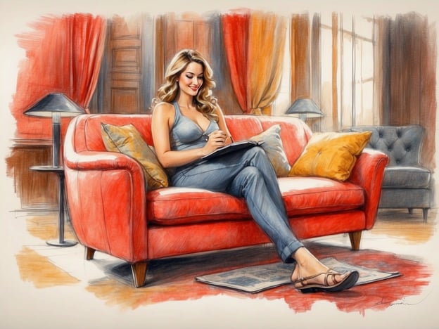 Auf dem Bild sieht man eine Frau, die entspannt auf einem roten Sofa sitzt und in ein Notizbuch oder Skizzenbuch schreibt. Der Raum ist gemütlich eingerichtet, mit warmen Farben und geschmackvollen Dekorationen.Solche Szenen können Erinnerungen an angenehme Aktivitäten an Bord eines Kreuzfahrtschiffes hervorrufen, wo Passagiere oft die Zeit mit Lesen, Zeichnen oder Schreiben verbringen. Man kann sich vorstellen, wie sie bei einem Glas Wein oder einer Tasse Kaffee in der Lounge sitzt und die ruhige Atmosphäre genießt. Es ist eine perfekte Gelegenheit, um kreativ zu sein und den Urlaub zu genießen.