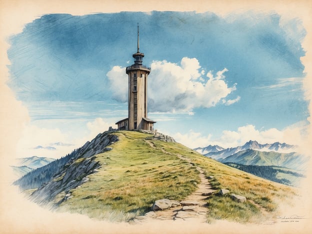 Auf dem Bild ist ein Aussichtspunkt mit einem markanten Turm zu sehen, der auf einem grünen Hügel steht. Diese Art von Landschaft lädt zu Wanderungen ein, die zu atemberaubenden Ausblicken führen.Ein beliebter Wanderweg könnte zum Beispiel von einem nahegelegenen Tal aus starten, direkt zum Turm hinauf. Auf dem Weg lohnt es sich, die flora und fauna der Umgebung zu genießen und möglicherweise verschiedene Aussichtspunkte zu erkunden, die atemberaubende Panoramen der umliegenden Berge bieten.Ein weiterer möglicher Wanderweg führt entlang eines Bergkamms, wo man immer wieder Anhaltspunkte findet, die zum Verweilen einladen, um die Schönheit der Natur und die frische Luft zu genießen.