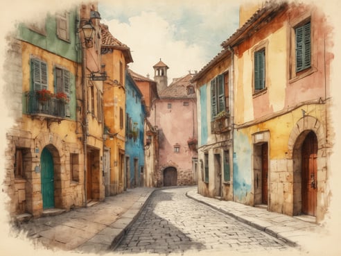 Eine malerische Gasse mit bunten Häusern in sanften Farben wie Gelb, Blau und Rosa. Die Gebäude haben Fenster mit grünen Shutters und blühenden Balkonpflanzen. Der gepflasterte Boden schlängelt sich durch die Gasse und führt zu einem Tor im Hintergrund. Am Himmel sind einige Wolken zu sehen, die das Bild in warmes Licht tauchen. Diese Szenerie erweckt einen einladenden und charmanten Eindruck, ideal für einen entspannten Spaziergang. Wie lange fährt man von Deutschland nach Spanien.