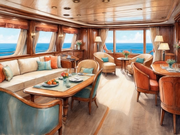 Auf dem Bild ist ein eleganter Innenraum zu sehen, der typischerweise auf einem Kreuzfahrtschiff wie der MSC Lirica zu finden ist. Der Raum wirkt geräumig und lichtdurchflutet, mit großen Fenstern, die einen Blick auf das Meer bieten.Die Möbel sind in warmen Holztönen gehalten und laden mit bequemen Sesseln und einer großen Couch zum Entspannen ein. Die Atmosphäre ist gemütlich und stilvoll, was ideal für gesellige Zusammenkünfte oder entspannte Momente während einer Kreuzfahrt ist. Auf den Tischen sind geschmackvolle Tischgedecke mit Getränken und kleinen Snacks angerichtet, was auf Gastfreundschaft hindeutet.