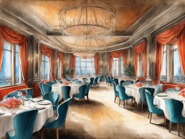 Auf dem Bild ist ein eleganter Speisesaal zu sehen, der sehr geschmackvoll eingerichtet ist. Die Atmosphäre erinnert an die besonderen Erlebnisse an Bord der MSC Lirica, wo man in stilvollem Ambiente speisen kann.In einem ähnlichen Raum könnte man ein köstliches Abendessen genießen, umgeben von prächtigen Kronleuchtern und mit Blick auf die Weite des Meeres. Das geschmackvolle Design mit den blauen Stühlen und gedeckten Tischen lädt dazu ein, in geselliger Runde leckere italienische Küche zu probieren. Oftmals sind diese Abende von Live-Musik und einer warmen, einladenden Stimmung geprägt, die den Kreuzfahrtaufenthalt unvergesslich machen.Es ist der perfekte Ort, um neue Bekanntschaften zu schließen oder besondere Momente mit Freunden und Familie zu teilen.