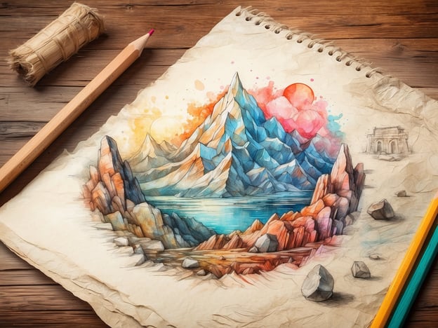 Auf dem Bild ist eine wunderschöne, farbenfrohe Aquarellzeichnung einer Berglandschaft zu sehen. Die Berge sind in verschiedenen Blautönen und warmen Farben dargestellt, um die Lichtverhältnisse und die Schönheit der Natur widerzuspiegeln. Im Vordergrund befinden sich lebendige Felsen und ein ruhiger See, was eine harmonische Verbindung zur Landschaft schafft.Zusätzlich sind ein paar Zeichentools, darunter Buntstifte, auf dem Tisch platziert, was darauf hinweist, dass es sich um einen kreativen Prozess handelt. Diese Szenerie könnte dazu einladen, die Natur bei Landausflügen zu erkunden und neue Entdeckungen in der Umgebung zu machen. Im Hintergrund ist auch ein einfühlsamer Verweis auf architektonische Elemente zu sehen, was die Möglichkeit weiterer Entdeckungen symbolisiert, sowohl in der Natur als auch in Kulturen.