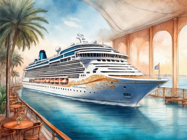 Auf dem Bild ist ein künstlerisches Gesamtbild eines großen Kreuzfahrtschiffs zu sehen, das vermutlich die MSC Magnifica darstellt. Das Schiff ist elegant gestaltet, mit einer weißen Außenhaut und auffälligen goldenen Verzierungen. Es liegt an einem Pier, umgeben von Palmen und einem Wasserweg, was auf eine tropische oder sonnige Umgebung hindeutet.Über die MSC Magnifica: Dieses Kreuzfahrtschiff gehört zur Fantasia-Klasse der MSC Cruises und bietet eine Vielzahl von Annehmlichkeiten und Unterhaltungsangeboten für die Passagiere. Es verfügt über Restaurants, Lounges, Pools und Unterhaltungsmöglichkeiten, die eine unvergessliche Kreuzfahrterfahrung ermöglichen. Die MSC Magnifica ist bekannt für ihren hohen Komfort und ihre elegante Ausstattung.