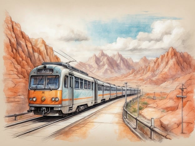 Auf dem Bild ist ein Zug zu sehen, der durch eine eindrucksvolle, bergige Landschaft fährt.**Route:** Der Zug bewegt sich entlang von Schienen, die sich durch das felsige Terrain schlängeln.**Destination:** Das Bild vermittelt den Eindruck einer Reise durch eine abgelegene, malerische Region, möglicherweise zu einem reizvollen Ziel in den Bergen. Die Wolken und die Szene verleihen dem Ganzen eine friedliche Atmosphäre.
