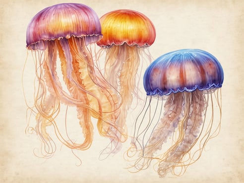 Drei lebendige Quallen sind auf dem Bild zu sehen. Die erste Qualle ist lila und orange, die zweite hat eine orange Farbgebung und die dritte zeigt ein sanftes Blau. Alle Quallen haben lange, schwebende Tentakel, die elegant nach unten hängen. Der Hintergrund ist hell und neutral, was die Farben der Quallen hervorhebt.