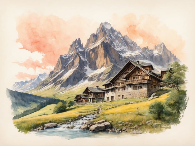 Auf dem Bild sind beeindruckende Berge und eine malerische Landschaft mit traditionellen Chalets zu sehen. Kulinarische Highlights entlang der Wanderrouten in diesen Alpenregionen könnten umfassen:1. **Bergkäse** – Frisch aus den Almkäsereien, oft herstellt aus der Milch von Kühen, die auf saftigen Wiesen grasen.2. **Speck und Wurst** – Deftige Spezialitäten, die oft aus lokalen Zutaten hergestellt werden. Ideal für eine energiereiche Brotzeit.3. **Hausgemachte Knödel** – Diese werden häufig als Beilage serviert und sind in den Alpen sehr beliebt.4. **Äpfelstrudel** – Ein traditionelles Dessert, das perfekt zu einer Wanderpause passt.5. **Bier aus kleinen Brauereien** – Lokales Bier, das oft die Wanderer nach einem langen Tag in den Bergen erfrischt.Diese Leckereien verbinden sich harmonisch mit der atemberaubenden Naturkulisse und machen das Wandern zu einem genussvollen Erlebnis.