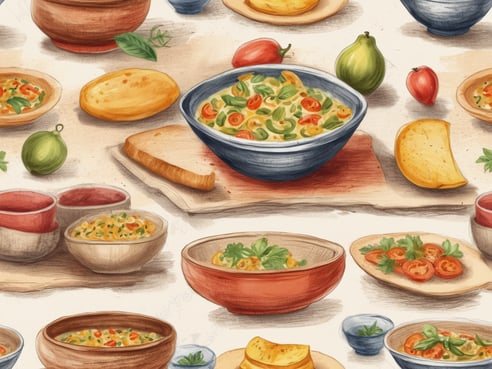 Auf dem Bild sind verschiedene Schalen und Teller mit typischen spanischen Tapas abgebildet. In der Mitte steht eine große Schale mit einer bunten Mischung aus Gemüse und Pasta. Rundherum befinden sich kleinere Schalen mit verschiedenen Tapas, darunter eine cremige Mischung sowie eine frische Salatvariation mit Tomaten. Es sind auch einige Brote und gebratene Snacks zu sehen, die oft zu Tapas serviert werden. Die Anordnung der Speisen wird durch frische Kräuter und einige Früchte ergänzt, die eine einladende Atmosphäre schaffen.