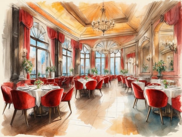 Auf dem Bild ist ein elegantes Restaurant mit roten Stühlen und festlich gedeckten Tischen zu sehen. Große Fenster sorgen für einen lichtdurchfluteten Raum und einen schönen Ausblick.Kulinarische Highlights auf einem Schiff könnten hier beispielsweise exquisite Menüs mit frischen Meeresfrüchten, hausgemachten Pasta-Spezialitäten oder internationalen Delikatessen umfassen. Außerdem könnten Themenabende mit regionaler Küche, verführerische Dessertbuffets und eine erlesene Weinauswahl das kulinarische Erlebnis abrunden.