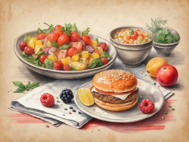Auf dem Bild sind verschiedene kulinarische Köstlichkeiten zu sehen, die ein ansprechendes Zusammenspiel von Farben und Aromen bieten. Im Vordergrund liegt ein saftiger Hamburger, der in einem weichen Sesambrötchen serviert wird. Dazu gibt es eine Scheibe Zitrone, die frische Akzente setzt.Rechts neben dem Burger befinden sich einige frische Beeren, darunter Himbeeren und Brombeeren, die zusätzlich süße und fruchtige Noten ins Gesamtbild bringen.Im Hintergrund sieht man eine großzügige Salatschüssel, gefüllt mit einer bunten Mischung aus Tomaten, Ananasstücken, roten Zwiebeln und frischem Basilikum, was einen erfrischenden und gesunden Kontrast zum herzhaften Burger bietet.Zusätzlich gibt es noch zwei kleinere Schalen mit einer Gemüsebeilage und frischen Kräutern, die das kulinarische Erlebnis abrunden. Das Bild vermittelt eine einladende Atmosphäre für ein köstliches Essen, das sowohl nährstoffreich als auch geschmacklich abwechslungsreich ist.