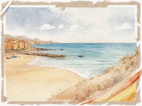 Eine malerische Küstenlandschaft mit feinem Sandstrand und klarem Wasser. Im Vordergrund ist der Strand zu sehen, an dem einige Menschen entlanggehen. Ein paar Boote liegen im seichten Wasser. Hinter dem Strand stehen bunte Gebäude, die typisch für mediterrane Küstenorte sind. Im Hintergrund erstrecken sich sanfte Hügel, und der Himmel ist mit wenigen Wolken geschmückt. Wie begrüßt man sich in Spanien? Man sagt Hola.