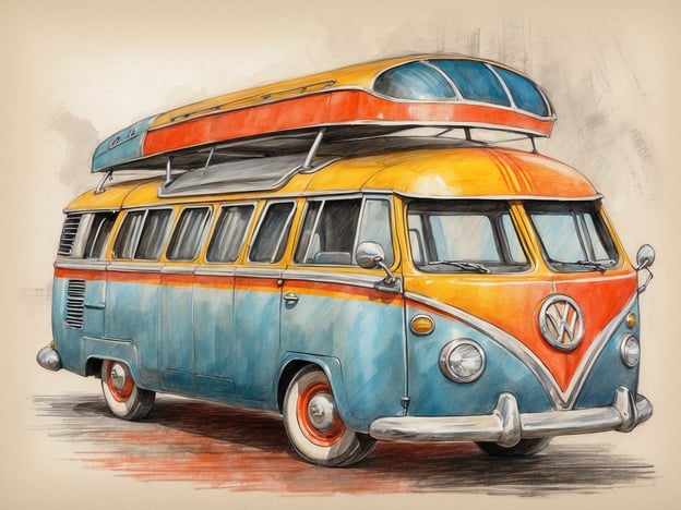 Auf dem Bild ist ein farbenfroher Volkswagen-Bus zu sehen, der an die 1960er Jahre erinnert. Dieser klassische Fahrzeugtyp ist ein Symbol für Freiheit und Abenteuer und wird oft mit dem Biet von Roadtrips und Camping in Verbindung gebracht.In der Popkultur hat der VW-Bus einen besonderen Platz, besonders in den Hippie-Bewegungen, wo er für unkonventionellen Lebensstil und Reisen steht. Er strahlt eine nostalgische Atmosphäre aus und ist in vielen Musikvideos und Filmen zu sehen, die das Lebensgefühl dieser Zeit widerspiegeln. Der große Dachgepäckträger lädt geradezu zu aufregenden Ausflügen ein, sei es ans Meer oder ins Gebirge.Dieser Bus ist nicht nur ein Fortbewegungsmittel, sondern ein Symbol für gemeinschaftliche Erlebnisse und die Freude am Reisen.