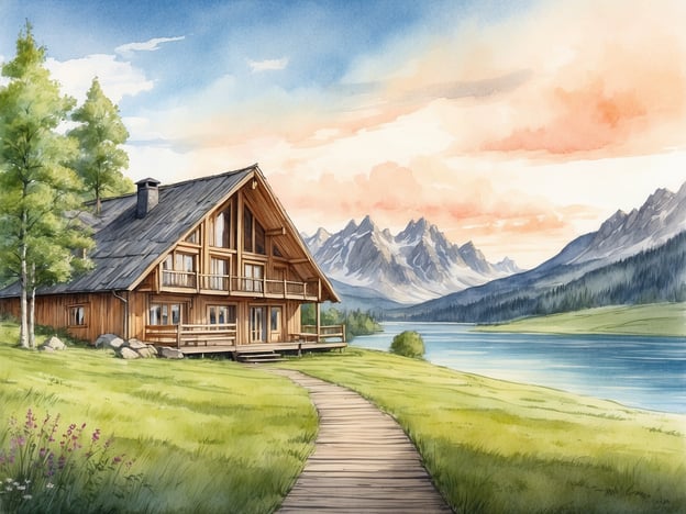 Auf dem Bild ist eine idyllische Landschaft zu sehen, die Ruhe und Erholung vermittelt. Das Holzhaus erinnert an eine gemütliche Berghütte und liegt malerisch am Ufer eines seichten Gewässers, umgeben von saftigem Grün und sanften Bergen im Hintergrund. Die klare Luft und die natürliche Schönheit der Umgebung laden zu entspannenden Spaziergängen in der Natur ein. Die Szenerie strahlt eine harmonische Verbindung zwischen Mensch und Natur aus, perfekt für den Genuss der herrlichen Schwarzwaldlandschaft. Hier kann man die Seele baumeln lassen und neue Energie tanken.