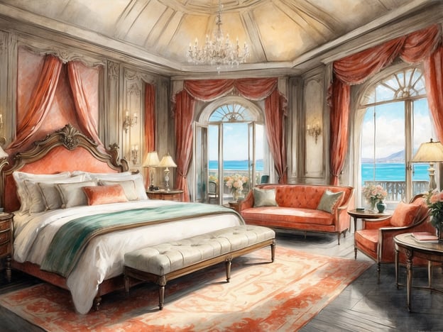 Auf dem Bild ist ein luxuriöses Schlafzimmer zu sehen, das mit eleganten Möbeln und stilvollen Annehmlichkeiten ausgestattet ist. Das große Bett mit einer opulenten Bettwäsche und einem dekorativen Kopfteil zieht sofort die Aufmerksamkeit auf sich. Neben dem Bett steht eine ansprechende Ottomane, die zusätzlichen Komfort bietet.Die Wände sind geschmackvoll dekoriert, und die Fenster bieten einen atemberaubenden Blick auf das Wasser. Die Räume sind mit sanftem Licht durchflutet, das durch die großen Fenster strömt. Feine Vorhänge und stilvolle Lampen verleihen dem Raum ein herzliches und einladendes Ambiente.Zusätzlich zu diesen Annehmlichkeiten sind bequeme Sitzmöglichkeiten vorhanden, wo man entspannen oder den Blick genießen kann. Insgesamt vermittelt der Raum ein Gefühl von Luxus und Entspannung, ideal für einen erholsamen Aufenthalt mit Rundum-Service.