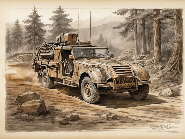 Auf dem Bild ist ein geländegängiges Fahrzeug zu sehen, das durch eine unwegsame, waldreiche Landschaft fährt. Es erinnert an militärische oder robuste Transportmittel, die in schwerem Terrain eingesetzt werden. Die Umgebung ist von Bäumen und Felsen geprägt, was auf eine abgelegene Gegend hinweist.In Bezug auf die Geschichte des Feldbergs könnte man sich vorstellen, dass ein solches Fahrzeug Teil von Erkundungen oder Missionen ist, die in die unberührte Natur führen. Der Feldberg als höchste Erhebung im Taunusgebirge hat eine lange Geschichte, in der sowohl militärische als auch zivile Unternehmungen eine Rolle gespielt haben. Diese Landschaft könnte sowohl für militärische Übungen als auch für Abenteuerreisen und Erkundungstouren von Bedeutung sein.