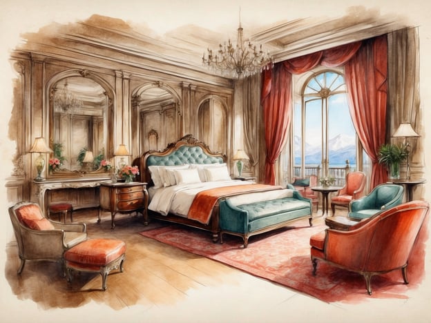 Auf dem Bild ist ein luxuriöses Schlafzimmer zu sehen, das elegant und geschmackvoll eingerichtet ist. Die Einrichtung umfasst ein großes, behagliches Bett mit feinen Bettwäsche und einen stilvollen, gepolsterten Sessel sowie eine kleine Couch. Es gibt einen dekorativen Teppich und geschmackvolle Vorhänge, die einen herrlichen Blick auf die Berge freigeben.Die Luxus- und Unterhaltungsmöglichkeiten könnten hier Folgendes umfassen:1. **Wellnessbereich**: Zugang zu einem Spa mit Massagen und Schönheitsanwendungen.2. **Gourmet-Restaurant**: Exquisite Küche mit internationalen Spezialitäten.3. **Veranstaltungen**: Exklusive Veranstaltungen oder Konzerte im Hotel.4. **Ausflüge**: Geführte Touren in die umliegende Natur oder Städte.5. **Kunst- und Kulturangebote**: Workshops oder Vorträge von Künstlern und Kulturschaffenden.Ein solches Zimmer bietet somit optimale Voraussetzungen für Entspannung und Unterhaltung.