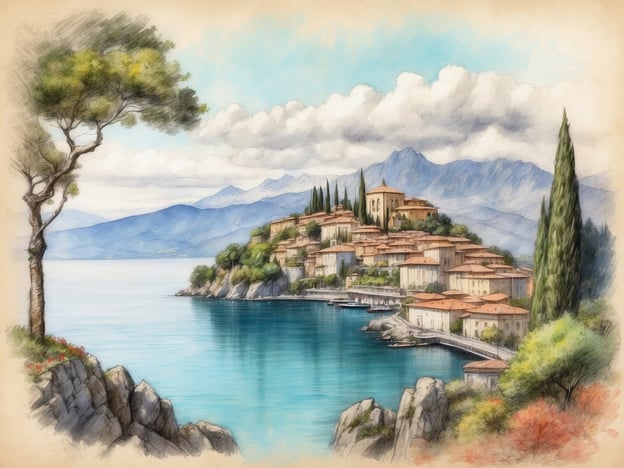 Auf dem Bild könnte eine malerische Landschaft zu sehen sein, die an Stresa am Lago Maggiore erinnert. Mögliche Sehenswürdigkeiten in Stresa sind:1. **Die Isola Bella**: Eine wunderschöne Insel mit einem historischen Palast und prächtigen Gärten.2. **Die Villa Pallavicino**: Ein Park mit botanischen Gärten und einem kleinen Tierpark.3. **Der Monte Mottarone**: Ein Berg mit spektakulären Ausblicken auf den Lago Maggiore und die umliegenden Alpen.Die friedliche Wasseroberfläche und die sanften Hügel erinnern an die Atmospäre, die man in dieser Region findet.
