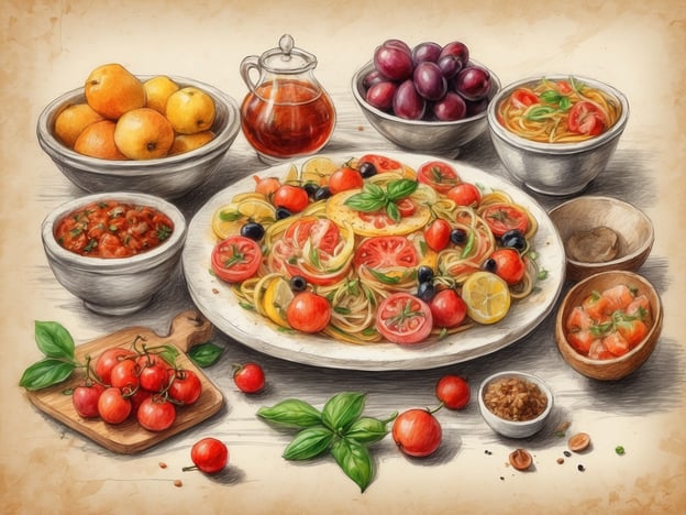 Auf dem Bild ist eine farbenfrohe kulinarische Anordnung zu sehen, die eine Vielzahl von frischen Zutaten zeigt. Besonders hervorzuheben sind die verschiedenen Tomatensorten, die in vielen Gerichten in Stresa verwendet werden.Ein kulinarisches Highlight aus dieser Region sind die „Trofie al Pesto“, eine Pasta-Spezialität, die oft mit frischem Basilikum, wie auf dem Bild zu sehen, zubereitet wird. Auch die mediterranen Aromen, die durch Oliven, Zitronen und frisches Gemüse vermittelt werden, sind typisch für die Küche von Stresa.Zusätzlich könnten die Früchte und die aromatischen Kräuter darauf hinweisen, wie wichtig lokale Zutaten in der italiana Küche sind, die auch die Geschmäcker des Lago Maggiore widerspiegeln.