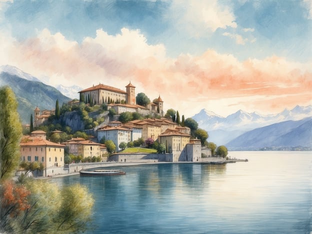 Auf dem Bild ist ein malerischer Blick auf Cannero Riviera am Lago Maggiore zu sehen. Die Szenerie ist geprägt von charmanten, pastellfarbenen Häusern, die sanft am Ufer des Sees liegen, während der imposante Hintergrund von Bergen und einer beeindruckenden Bergkulisse dominiert wird. Das Bild vermittelt eine idyllische Atmosphäre mit klarem Wasser, üppigem Grün und einer sanften Beleuchtung, die an einen schönen Sonnenuntergang erinnert.Die Geschichte von Cannero Riviera reicht bis in die römische Zeit zurück und ist bekannt für ihre historische Architektur und die traumhaften Gärten. Der Ort hat sich über die Jahre zu einem beliebten Reiseziel entwickelt, das Touristen mit seiner naturnahen Schönheit und dem reichen kulturellen Erbe anzieht. Die Burgen und alten Villen, die oft auf den Hügeln zu finden sind, erzählen von der reichen Geschichte und dem Leben vergangener Zeiten in dieser bezaubernden Region.