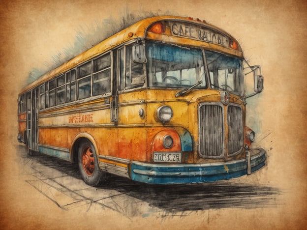 Ein alter, gelb-orange gefärbter Reisebus steht in einem skizzenhaften Stil dargestellt. Der Bus hat große Fenster und runde Scheinwerfer, während die Front eine traditionelle Form aufweist. Auf der Seite des Busses ist die Aufschrift "Café Raube" zu sehen. Der Hintergrund ist in sanften Erdtönen gehalten, was dem Bild eine nostalgische Atmosphäre verleiht.