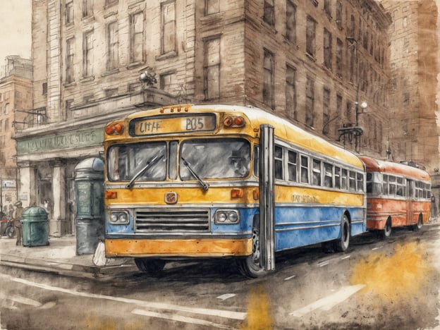 Ein gelber und blauer Bus steht auf einer Stadtstraße, daneben ein roter Bus. Im Hintergrund sind historische Gebäude zu sehen, darunter ein Geschäft mit dem Schriftzug "Miller's Book Store". Auf der Straße sieht man einen grünen Mülleimer und einige Passanten. Die Atmosphäre des Bildes vermittelt ein urbanes und nostalgisches Gefühl.