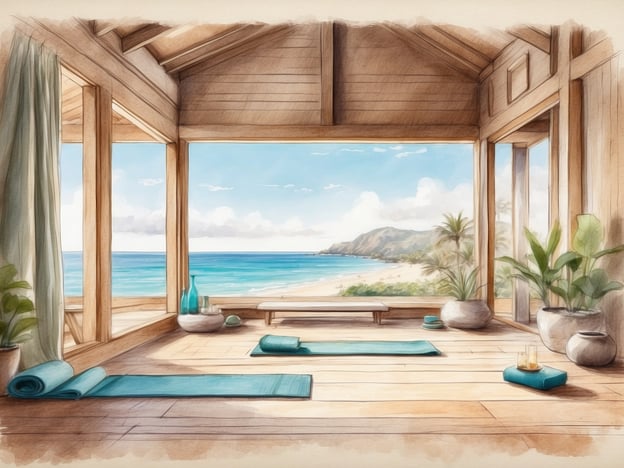 Auf dem Bild ist ein harmonischer Raum zu sehen, der Entspannung und Erholung fördert. Er enthält Matten für Yoga oder Meditation, die ideal für ruhige Aktivitäten sind. Die großen Fenster bieten einen atemberaubenden Blick auf den Ozean, was zur Beruhigung der Sinne beiträgt.Für Entspannung könnten Aktivitäten wie Yoga, Atemübungen oder einfaches Meditieren in dieser Umgebung wunderbar sein. Zudem könnte eine Aromatherapie mit ätherischen Ölen oder das Lauschen entspannender Musik die Erholung vertiefen. Das Gesamtambiente lädt dazu ein, den Alltag hinter sich zu lassen und zur inneren Ruhe zu finden.