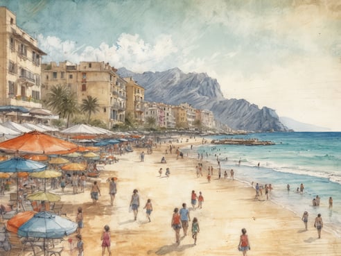 Ein belebter Strand mit bunten Sonnenschirmen und Liegestühlen lädt zum Entspannen ein. Menschen genießen die Sonne und das Wasser, während im Hintergrund charmante Gebäude und grüne Palmen zu sehen sind. Die bunte Szenerie wird von majestätischen Bergen umrundet, die den Horizont prägen. Dieses Bild könnte ein beliebtes Reiseziel wie Mallorca, die griechischen Inseln oder die italienische Amalfi-Küste darstellen, wo Sonne, Strand und Landschaft eine perfekte Urlaubskulisse bieten.