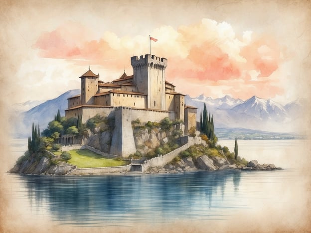 Auf dem Bild ist eine wunderschöne Burg zu sehen, die an einem malerischen Ufer errichtet ist, umgeben von Wasser und Bergen. Diese Darstellung erinnert an die Geschichte von Burg Angera, die am Ufer des Lago Maggiore in Italien liegt. Die Burg hat eine reiche Geschichte, die bis ins 10. Jahrhundert zurückreicht. Ursprünglich strategisch wichtig zur Kontrolle des Handels auf dem See, wurde sie über die Jahrhunderte mehrfach erweitert und restauriert.Die Architektur der Burg spiegelt den Stil vieler mittelalterlicher Festungen wider, mit Türmen und dicken Mauern, die sie vor Angriffen schützen sollten. Die Lage auf einem felsigen Hügel bietet nicht nur eine defensible Position, sondern auch einen atemberaubenden Blick auf die umliegende Landschaft. Heute ist Burg Angera ein beliebtes Touristenziel, das Besuchern ermöglicht, in die Geschichte einzutauchen und die herrliche Aussicht zu genießen.