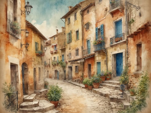 Ein malerischer, enger Straßenabschnitt in einer historischen Stadt in Europa, mit sanft farbigen, verwitterten Gebäuden, die grüne Fensterläden und romantische Balkone mit blühenden Pflanzen zieren. Die gepflasterte Straße windet sich durch die Szenerie, flankiert von blühenden Töpfen, während sanftes Licht die Architektur und den Charme des Ortes hervorhebt. Der Himmel ist von sanften Blautönen durchzogen, was eine einladende und friedliche Atmosphäre schafft.