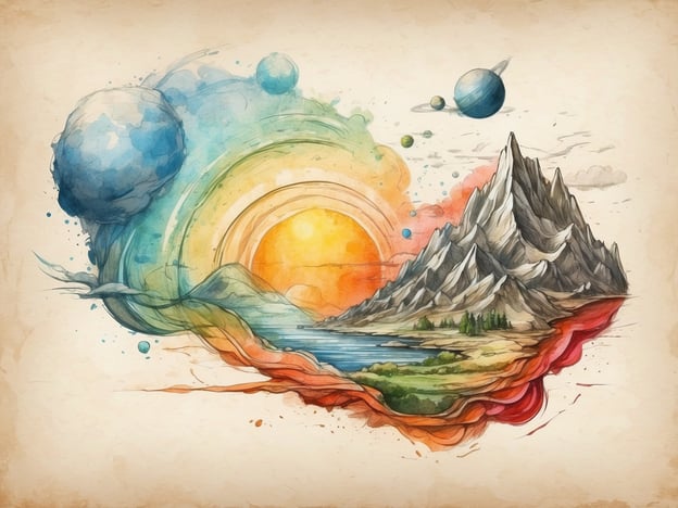 Auf dem Bild ist eine künstlerische Darstellung zu sehen, die verschiedene Elemente der Wissenschaft und Natur miteinander verbindet. Links erkennt man Wolken und Planeten, die den Weltraum symbolisieren, während in der Mitte die Sonne aufsteigt und eine bunte Lichtstrahlung abgibt. Rechts zeigt das Bild eine majestätische Berglandschaft, die mit einem Fluss und grünen Bäumen ergänzt wird.Diese Darstellung spiegelt die Verbindung zwischen den wissenschaftlichen Erkenntnissen über das Universum und die Schönheit der natürlichen Landschaft wider, ähnlich wie in Ispra, wo Wissenschaftler die Naturstudien und die astrophysikalische Forschung miteinander verknüpfen, um ein umfassenderes Verständnis der Welt zu erlangen.
