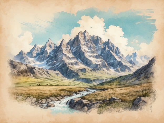 Das Bild zeigt eine majestätische Berglandschaft, in der schroffe Gipfel und sanfte Täler harmonisch aufeinander treffen. Diese Kulisse erinnert an die Geschichte der Bergsteigerei, die im 18. und 19. Jahrhundert begann, als Abenteurer und Naturfreunde die Schönheit und Herausforderungen der Berge entdeckten.Das Bild könnte an die ersten Besteigungen ikonischer Gipfel erinnern, wie dem Mont Blanc oder dem Matterhorn. Es spiegelt die Faszination wider, die Berge auf den Menschen ausüben, und die Suche nach Abenteuer und Erkundung, die bis heute anhält. Die sanfte Flusslandschaft im Vordergrund symbolisiert die naturverbundene Reise, die viele Bergsteiger antreten, um die beeindruckenden Höhen zu erreichen.