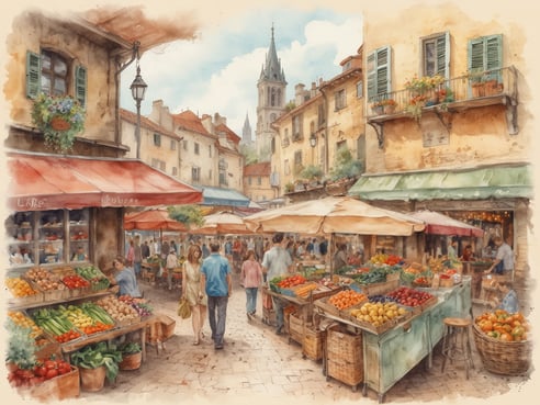 Auf dem Bild ist ein belebter Markt in einer europäischen Stadt zu sehen. Bunte Stände mit frischem Obst und Gemüse sind aufgereiht, während Menschen durch die Gassen schlendern. Die Architektur wirkt charmant und historisch, mit Häusern, die Fensterläden und Blumenkästen haben. Sonnenschirme spenden Schatten und verleihen dem Markt eine einladende Atmosphäre. Im Hintergrund ist ein Kirchturm zu erkennen, der dem Szenario eine malerische Note verleiht. Die Vielfalt an Farben und die lebhafte Stimmung vermitteln das Gefühl eines authentischen kulinarischen Erlebnisses.