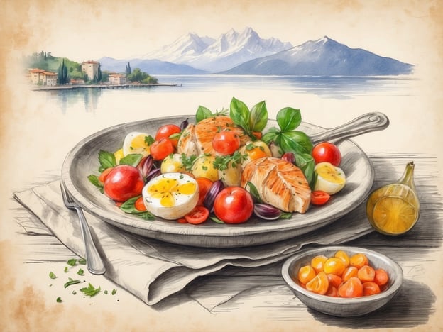 Auf dem Bild ist ein schöner, kulinarischer Genuss zu sehen, der perfekt zum Lago Maggiore passt. Es handelt sich um ein farbenfrohes Gericht, das frischen Fisch, wahrscheinlich Lachs, zusammen mit einer bunten Auswahl an Gemüse wie Kirschtomaten, Kartoffeln und Kräutern präsentiert. Dazu kommen einige Eier und möglicherweise eine fein abgestimmte Sauce oder Beilage.
Die idyllische Kulisse im Hintergrund mit den majestätischen Bergen und dem ruhigen Wasser des Lago Maggiore verstärkt den Genuss des Essens. Solche Gerichte sind typisch für die italienische Küche, die hier ihre Frische und Aromen zur Geltung bringt. Geschmacklich verspricht dieses Essen ein harmonisches Zusammenspiel aus zarten Fisch- und Gemüseschichten, ideal für einen entspannten Aufenthalt am See.