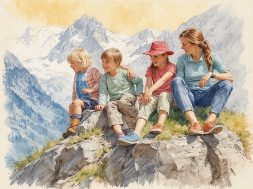 Eine Mutter sitzt mit ihren vier Kindern auf einem Felsen in den Alpen. Die Kinder, unterschiedlichen Alters, tragen bunte Freizeitbekleidung und lachen miteinander. Im Hintergrund sind majestätische Berggipfel und eine klare Himmelstimmung zu sehen. Die Szenerie vermittelt eine fröhliche und entspannte Atmosphäre, ideal für einen Familienurlaub.