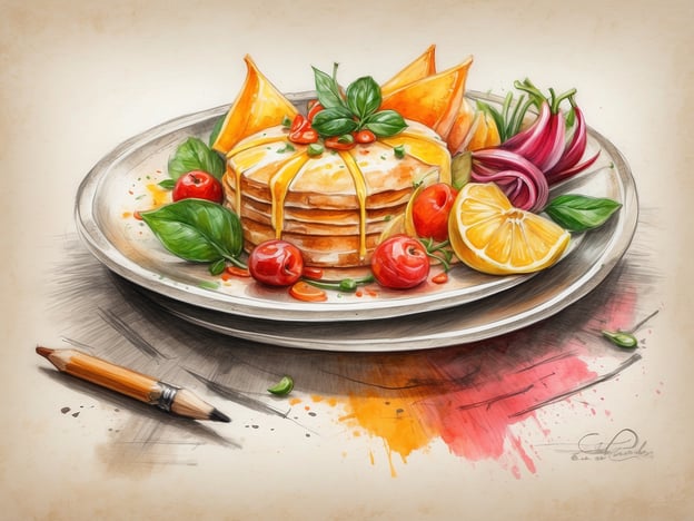 Auf dem Bild ist eine kunstvoll angerichtete Speise zu sehen. Die Hauptattraktion sind goldbraune Pfannkuchen, die übereinander gestapelt sind und mit einer schmelzenden Käsesauce dekoriert sind. Dazu gibt es frische Zutaten wie Kirschtomaten, die in lebhaften Rottönen leuchten, und leuchtend gelbes Obst, das an Zitronen erinnert.Grüne Basilikumblätter und frische Kräuter sorgen für einen frischen Kontrast und Garnierungen auf dem Teller. Ebenso sind knusprig aussehende Elemente, möglicherweise Tortillastücke, zu sehen, die dem Gericht eine interessante Textur verleihen. Diese Kombination aus Aromen und Farben macht das Gericht zu einem kulinarischen Highlight.
