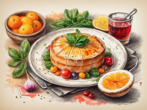 Auf dem Bild sind einige kulinarische Highlights zu sehen. Im Vordergrund befindet sich eine kunstvoll angerichtete Torte, die mit frischen Kräutern, wahrscheinlich Basilikum, garniert ist. Um die Torte herum liegen bunte Früchte wie Kirschen, Heidelbeeren und kleine Orangen, die einen frischen und einladenden Eindruck machen.Neben der Torte gibt es eine Schüssel mit weiteren Orangen und grünen Blättern, die das Bild zusätzlich lebendig gestalten. Ein Glas mit einem roten Getränk rundet die Präsentation ab. Die Kombination aus Obst und der Torte spricht für eine sommerliche oder fruchtige Dessertvariation, die sicherlich Genießer erfreuen würde.