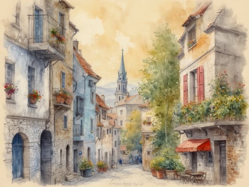Ein malerischer Straßenzug in einer alten europäischen Stadt mit charmanten, bunten Häusern aus Stein und Fachwerk. Die Gebäude sind mit Blumenkästen geschmückt, die lebendige Farben zeigen. Im Hintergrund ragt ein hoher Kirchturm in den Himmel. Die Gassen sind schmal und laden zu romantischen Spaziergängen ein, während die sanfte Farbgebung der Wasserfarben ein idyllisches und verträumtes Ambiente schafft. Perfekt für Verliebte, die eine romantische Auszeit suchen.