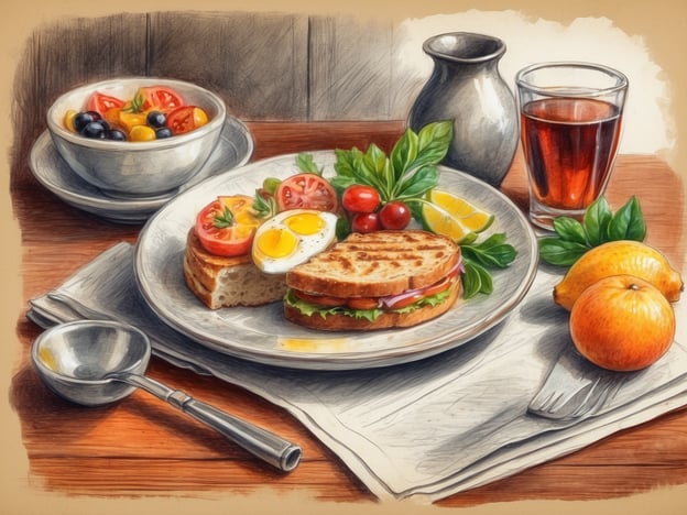 Auf dem Bild ist ein köstliches Frühstück aufgebaut. Es zeigt ein Sandwich mit frischem Gemüse und einem Spiegelei, umgeben von einer Auswahl an kleinen Tomaten und Blattsalat. Daneben befinden sich frische Früchte in einer Schüssel, darunter Erdbeeren und Blaubeeren. Ein Glas eines Getränks und eine Kanne runden das Setting ab.In Sesto Calende können ähnliche kulinarische Genüsse erlebt werden, wo lokale Spezialitäten wie frisch gebackenes Brot, saisonales Gemüse und köstliche Obstsalate auf den Tisch kommen. Außerdem bietet die Region exquisite Weine und Heimatgerichte, die ein unvergessliches Frühstückserlebnis garantieren.