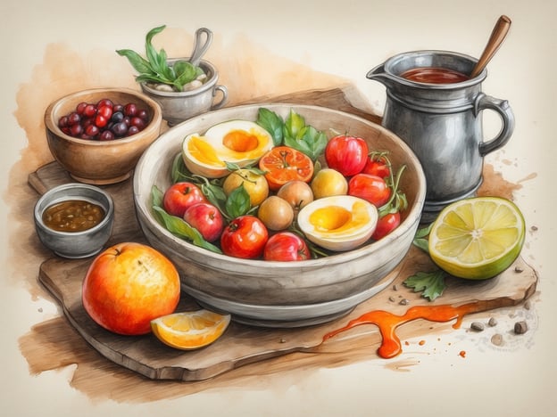 Auf dem Bild sind verschiedene köstliche Zutaten zu sehen, die eine bunte und frische Komposition ergeben. In einer großen Schüssel befinden sich mehrere Tomaten, kleine Zitrusfrüchte und sogar ein gekochtes Ei. Neben der Schüssel finden sich verschiedene kleine Behälter mit Saucen oder Dips, die die Aromen wunderbar ergänzen können.
Ein kulinarischer Geheimtipp wäre, diese frischen Zutaten in einem Salat zu kombinieren und dabei lokale Kräuter wie frisches Basilikum oder Koriander hinzuzufügen. Auch die Verwendung von Limette oder Zitrone kann das Gericht auf eine erfrischende Weise abrunden. Die Kombination aus Fruchtigkeit und leichten Saucen wird hier sicherlich für ein Geschmackserlebnis sorgen, das die saisonalen und regionalen Produkte perfekt zur Geltung bringt.