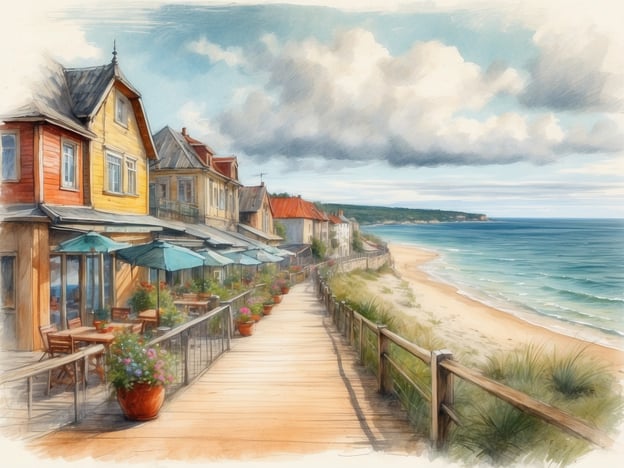 Auf dem Bild ist eine malerische Strandpromenade an der polnischen Ostsee zu sehen, umgeben von charmanten, bunt gestrichenen Häusern und Café-Terrassen.Die polnische Ostsee ist das perfekte Reiseziel aus mehreren Gründen. Erstens bietet sie atemberaubende Strände mit feinem, weißem Sand, die ideal für entspannende Tage in der Sonne sind. Zweitens können Besucher die wunderschöne Szenerie genießen, die von malerischen Küstenorten, eindrucksvollen Klippen und naturnahen Landschaften geprägt ist.Darüber hinaus gibt es zahlreiche Aktivitäten, wie Wassersport, Radfahren und Wandern. Kulturell hat die Region auch viel zu bieten, mit historischen Städten, regionalen Märkten und leckerer polnischer Küche. Schließlich ist die polnische Ostsee oft weniger überlaufen als andere Küstenregionen in Europa, was einen entspannenden Aufenthalt ermöglicht. Alles in allem ist es ein Ort, der Erholung, Abenteuer und kulturelle Entdeckungen vereint.
