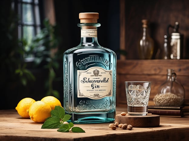 Auf dem Bild ist eine Flasche Schwarzwald Gin zu sehen, die auf einem rustikalen Holztisch steht. Der Gin ist in einer eleganten, klaren Flasche mit einer ansprechenden Etikettierung präsentiert. Um die Flasche herum liegen frische Zitronen und einige Kräuter, während ein Glas mit Eiswürfeln neben der Flasche platziert ist.Die Geschichte des Schwarzwald Gins ist eng mit der Region verbunden, die für ihre reiche Flora und traditionellen Destillationsmethoden bekannt ist. Die Prinzipien der Handwerkskunst und die Verwendung lokaler Botanicals geben diesem Gin seinen einzigartigen Charakter, der die Aromen des Schwarzwalds einfängt. Die Kombination aus Wacholder, Zitrusfrüchten und anderen Kräutern sorgt für ein frisches, aromatisches Geschmackserlebnis, das die Mystik und Schönheit der deutschen Natur widerspiegelt.