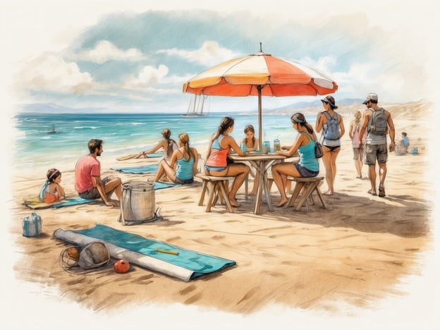 Auf dem Bild sind mehrere Personen zu sehen, die am Strand entspannen. Sie sitzen an einem Tisch mit einem Sonnenschirm, während andere am Wasser entlang spazieren.An der Ostseeküste kann man ähnliche Aktivitäten genießen, wie zum Beispiel:1. **Einen Strandtag verbringen**: Entspannen auf der Liege oder im Sand.2. **Wassersport**: Kajakfahren, Windsurfen oder Stand-Up-Paddling sind beliebte Freizeitmöglichkeiten.3. **Radfahren**: Entlang der Küste gibt es viele schöne Radwege.4. **Strandpicknick**: Mit Familie oder Freunden am Wasser essen und die Aussicht genießen.5. **Wanderungen**: Die Küstenlandschaft und die Natur rund um die Ostsee erkunden.6. **Strandsport**: Beachvolleyball oder Frisbee spielen.Die Ostseeküste bietet vielfältige Möglichkeiten für Aktivitäten und Erholung.