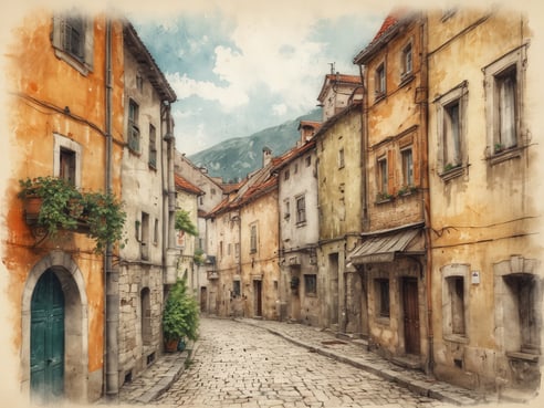 Eine malerische, enge Gasse in einer historischen Stadt mit bunten, charmanten Häusern, deren Fassaden in sanften Gelb- und Orangetönen gehalten sind. Die Straßen sind mit grauen Steinen gepflastert und von Pflanzen in Blumenkästen und Töpfen gesäumt. Im Hintergrund sind sanfte Hügel und ein blauer Himmel zu sehen, die der Szene eine ruhige und idyllische Atmosphäre verleihen.