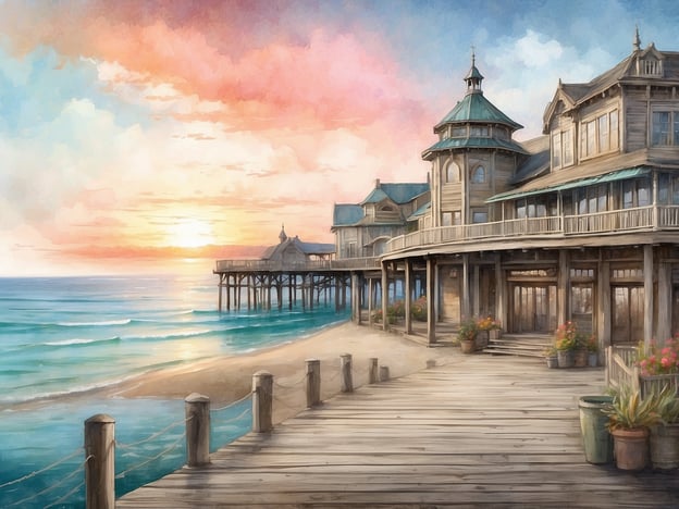 Auf dem Bild ist eine malerische Küstenlandschaft zu sehen, die eine Holzpier zeigt, die über das Wasser reicht. Im Hintergrund sieht man ein beeindruckendes Gebäude mit einem Aussichtsturm und großen Fenstern, das an eine traditionelle Seebrücke erinnert. Der Himmel ist in warmen Farben gehalten, während die Sonne am Horizont untergeht, und die Wellen brechen sanft am Strand.In Bezug auf die Geschichte von Misdroy, einem beliebten Urlaubsort an der polnischen Ostsee, könnte dieses Bild die charmante Atmosphäre und die naturschöne Umgebung widerspiegeln, die Besucher anziehen. Misdroy hat eine lange Tradition als Kur- und Erholungsort, bekannt für seine Strände und die beeindruckende Natur. Die Seebrücke in Misdroy ist ein zentraler Bestandteil des Orts, von wo aus die Besucher den Blick auf das Meer genießen können.