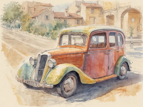 Ein buntes, klassisches Auto steht auf einer malerischen, von Sonne beschienenen Straße. Das Fahrzeug hat eine orangefarbene Vorderseite und eine grünliche Hinterseite mit elegant geschwungenen Formen. Im Hintergrund sind alte, charmante Häuser mit roten Ziegeldächern und grünen Bäumen zu sehen. Die Szene vermittelt ein Gefühl von Nostalgie und Frischluft, ideal für einen Roadtrip durch Frankreichs malerische Landschaften.